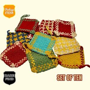 Vintage 70s Handmade Multicolor Cotton Woven Handmade Potholders Set of 10. RARE